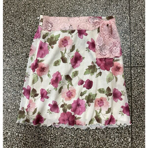 Vintage 90s Y2K Floral Print Skirt Pink Lace Stretchy Lettuce Hem Preppy S